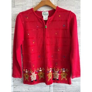 Christmas Cardigan Sweater Quacker Factory Red‎ Ramie Velvet Reindeer Small NEW